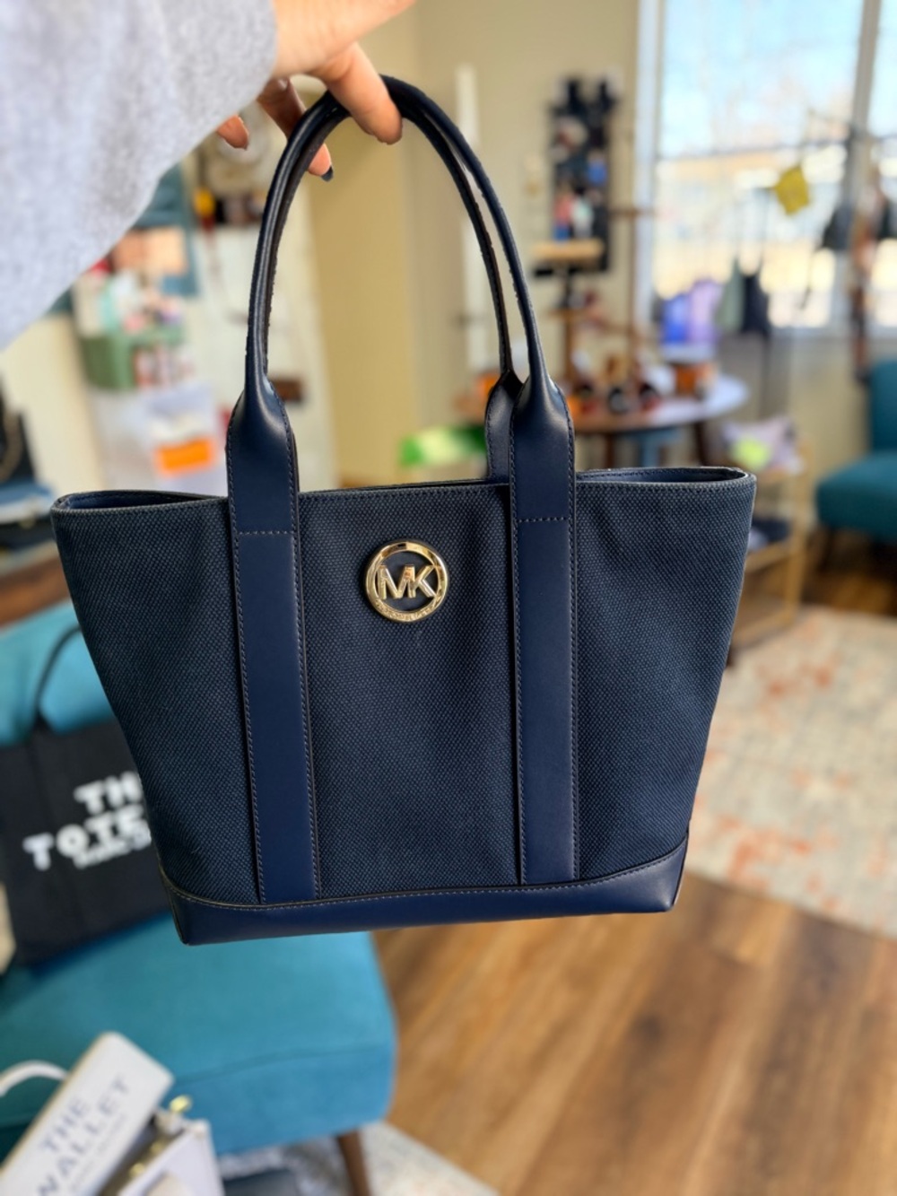 Michael Kors Navy Canvas Tote Gold Logo Medallion | Structured Shoulder Bag EUC